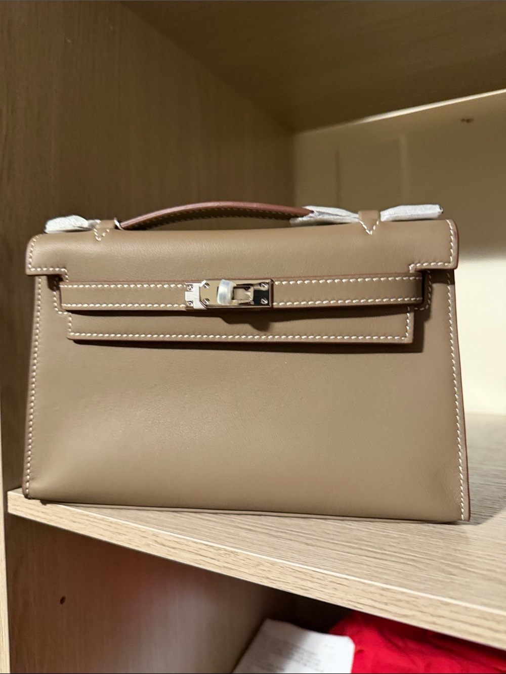 Taupe Leather Top-Handle Bag with Silver Hardware